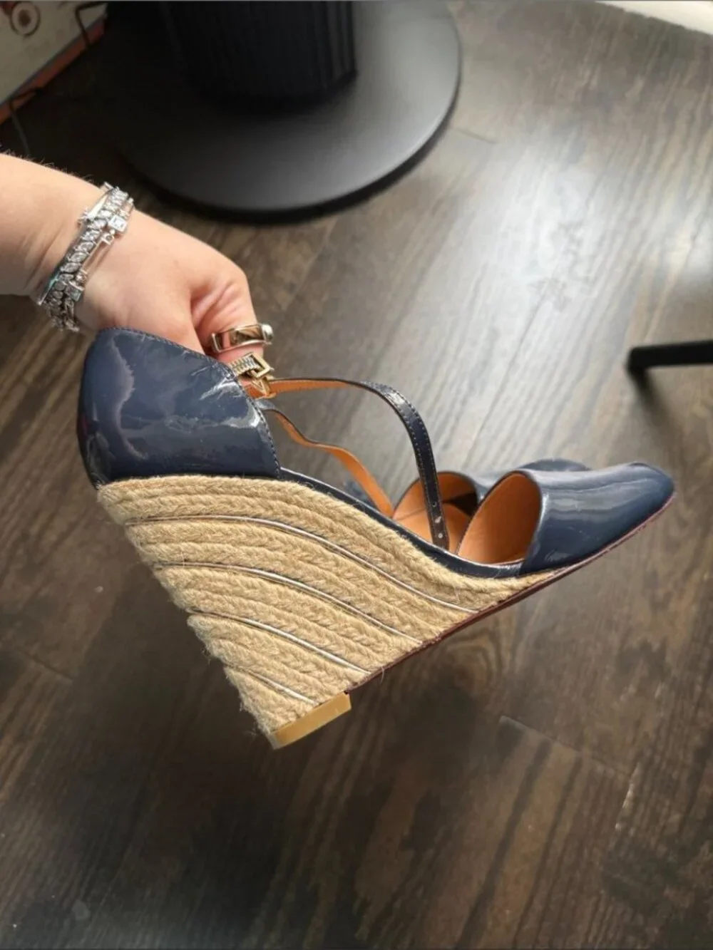 Schutz Navy Patent Espadrille Wedge Sandals